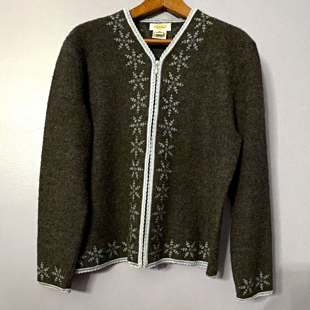 VTG Talbots Wool Gray Embroidered Holiday Women M Grannycore Cottage Cardigan